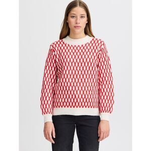 ICHI Kamara Geometric Sweater - oatmeal w hot coral Sz S‎ Small